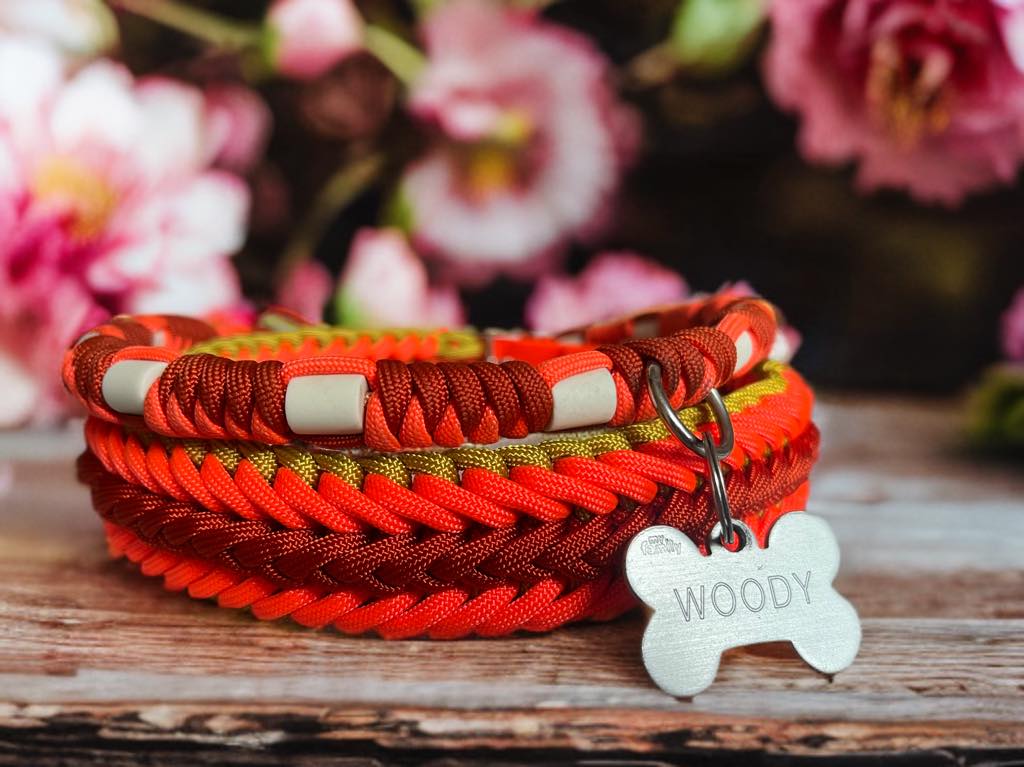 Cette image montre un collier de chien fait à la main, orné d'une étiquette portant la mention « WOODY ». Le collier est orné d'une rose, ce qui en fait un accessoire à la mode. Il est placé sur un fond d'intérieur, ce qui met en valeur le thème floral.