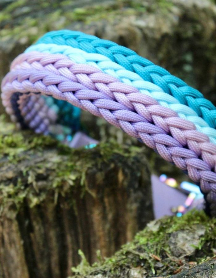 L'image représente un collier fait main posé sur une souche en extérieur. L'accent est mis sur le collier violet et bleu, qui contraste avec le fond naturel.