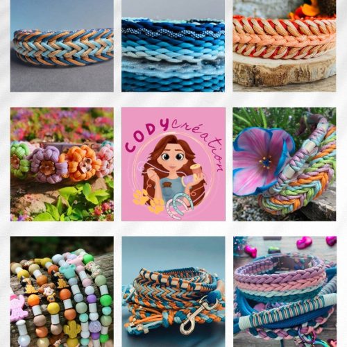 Colliers et bracelets artisanaux colorés pour animaux et humains, créés par Cody Création en paracorde et perles.